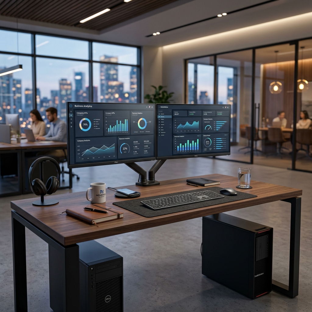Computadores, desktops e workstations corporativos em ambiente de trabalho moderno