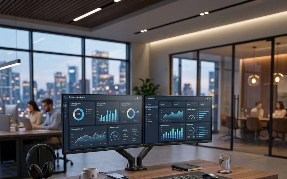Computadores, desktops e workstations corporativos em ambiente de trabalho moderno