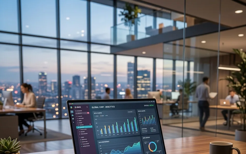 Notebook corporativo premium em mesa de escritório executivo