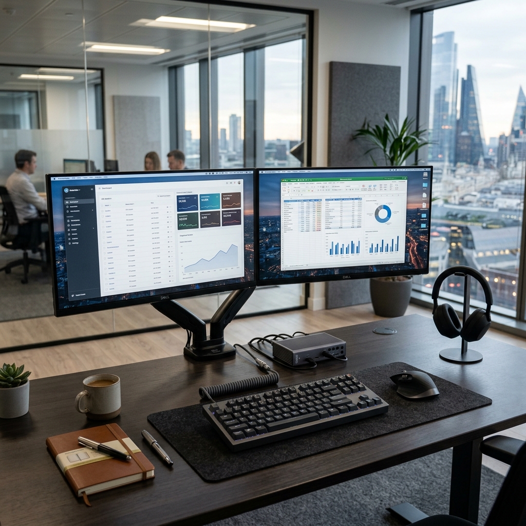 Periféricos corporativos integrados, monitores, dock station e headset