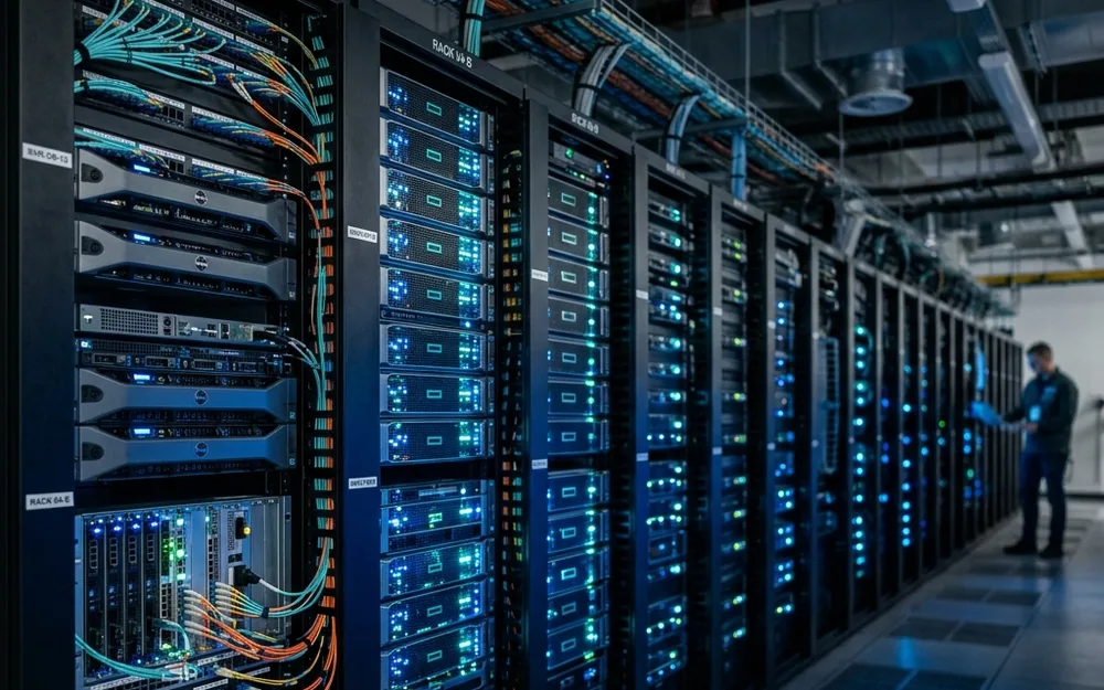 Servidores em rack de datacenter moderno com iluminação técnica